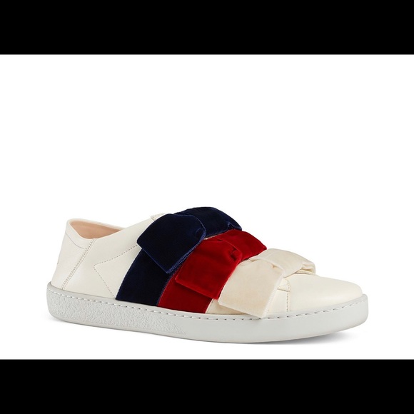 Gucci Ace Leather Velvet Bow Slip-On Sneakers - Picture 2 of 13
